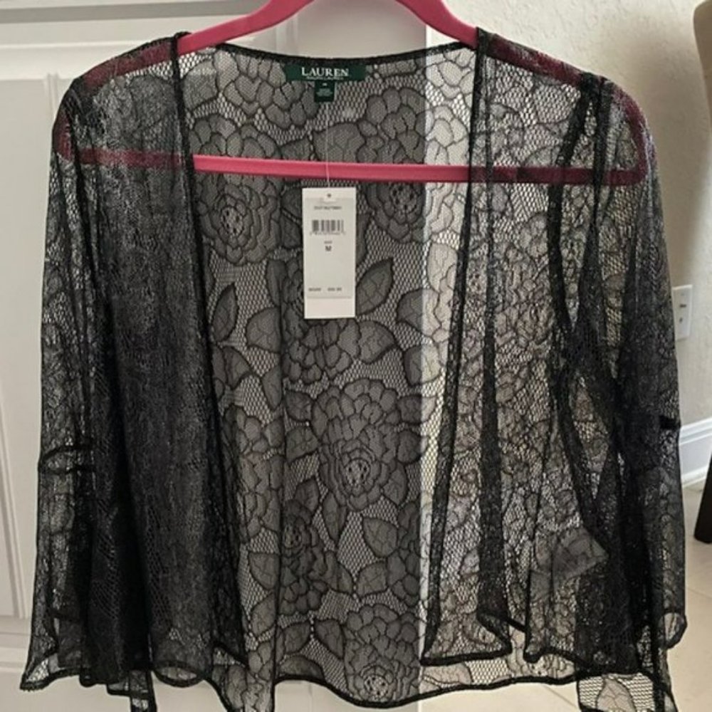 New! Ralph Lauren Evening Black Metallic Floral Evening Silver Sheer Blouse